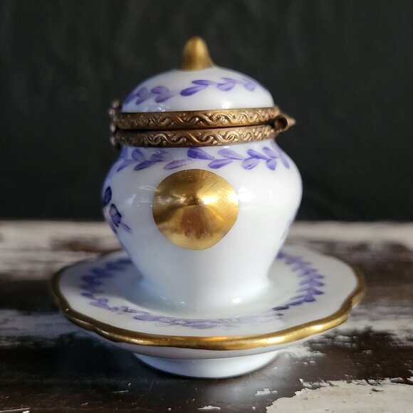 Vtg Limoges France Peint Main Porcelain Tureen Shape Limoges Box Purple Floral - Picture 7 of 9